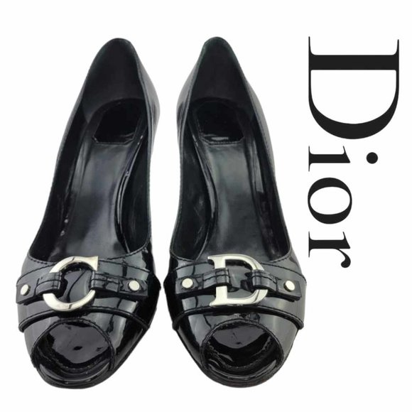 Dior Shoes - AUTHENTIC DIOR Black Patent Leather CD Logo Peep Toe Pumps Size 41 (US10.5 - 11)